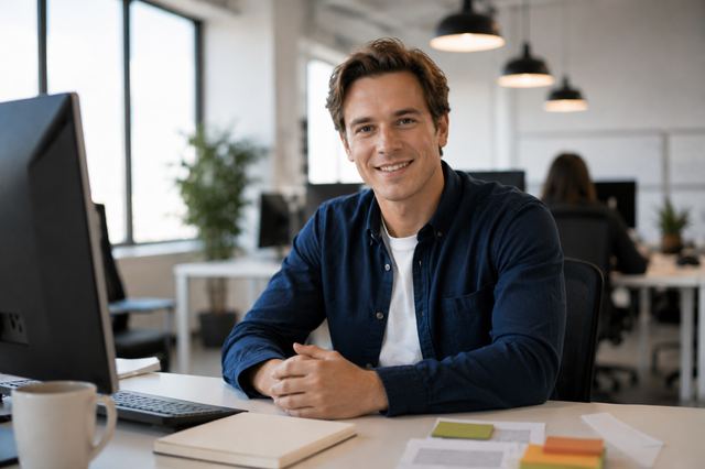 Person am Schreibtisch im Büro vor einem Computer