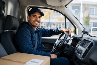Zusteller sitzt am Steuer eines Lieferwagens, ein Paket auf dem Beifahrersitz