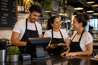 Drei Servicekräfte mit Schürzen hinter dem Tresen eines Restaurants, eine trägt einen Teller