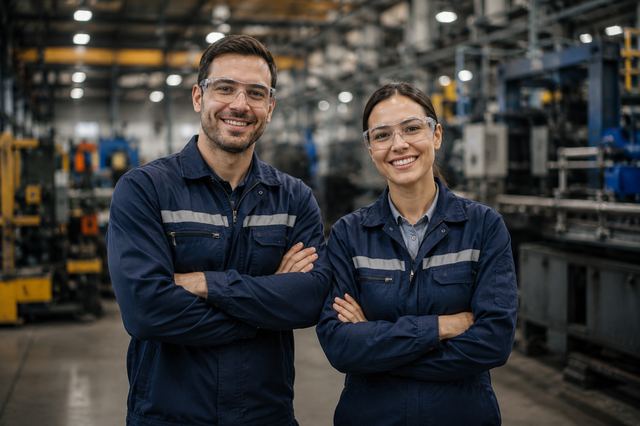 Zwei Fachkräfte in Arbeitskleidung an einer Maschine in der Werkstatt