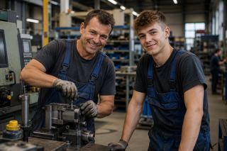 Zwei Fachkräfte in Latzhosen arbeiten an einer Maschine in einer Fertigungshalle