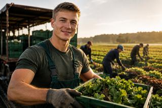 Erntehelfer trägt eine Kiste Salat auf einem Feld, im Hintergrund arbeiten weitere Helfer
