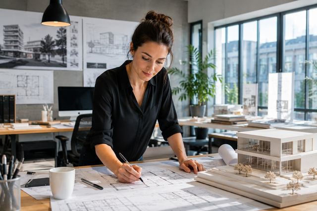 Architecte dessinant sur un plan de construction à côté d'une maquette de bâtiment