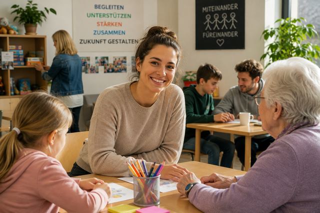 Betreuerin im Gespräch mit einem Kind, einem Teenager und einer älteren Person in einer Einrichtung