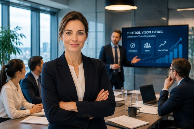Führungskraft mit verschränkten Armen vor einem Team im Besprechungsraum, im Hintergrund eine Präsentation zu Strategie
