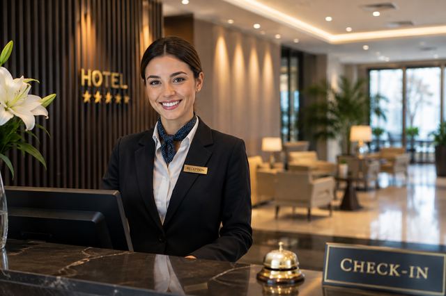 Hotelrezeptionistin lächelt am Check-in-Tresen einer Hotellobby