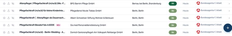 Bildschirmfoto der Stellenliste mit KI-Score je Treffer